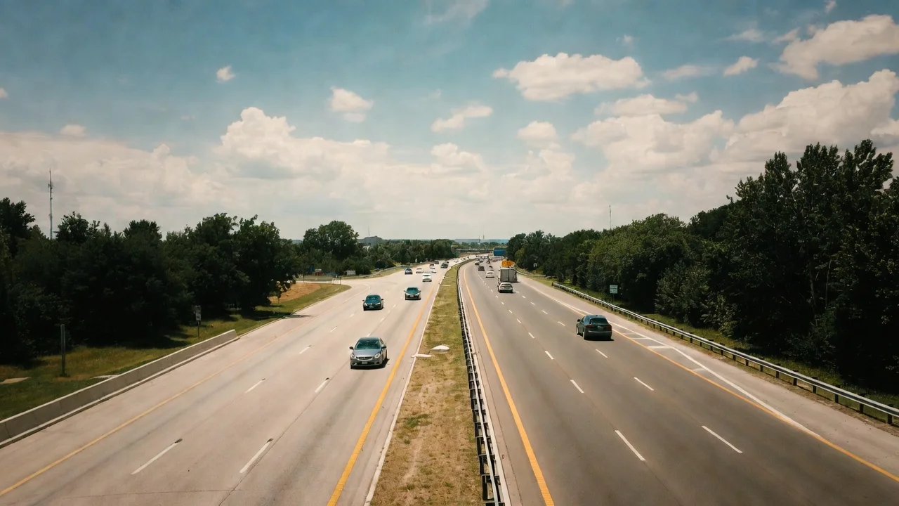Autoroute belge à trois voies avec faible circulation en été, paysage dégagé.