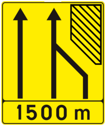 Indications temporaires à l’occasion de travaux Signal de préavis annonçant la réduction du nombre de bandes de circulation
