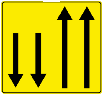 Indications temporaires à l’occasion de travaux Circulation admise dans les deux sens sur une section de chaussée à sens unique