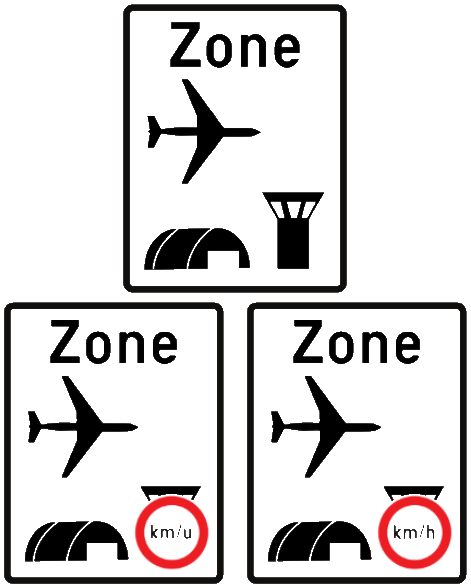 Début d’une zone aéroportuaire La vitesse maximale qui s’y applique peut être indiquée sur le signal, en bas à droite