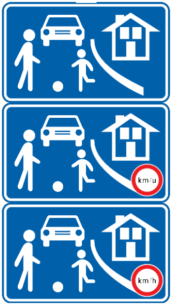 Début d’une zone de rencontre La vitesse maximale qui s’y applique peut être indiquée sur le signal en bas à droite